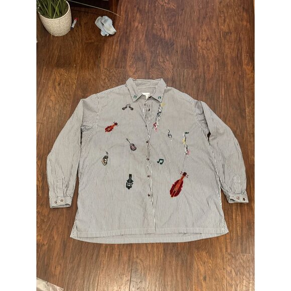 VTG Bobbie Brooks Striped Shirt Musical Instruments Embroidery XL Music Teacher - Picture 1 of 9
